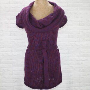 DECREE Turtleneck Sweater Tunic Oversized Collar Belted Knit Marled Purple Med
